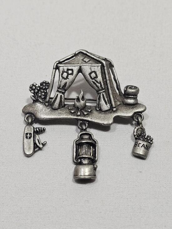 Danecraft Jewelry - Vintage Brooch Danecraft Pewter Art Camping Site With Fire Pinback